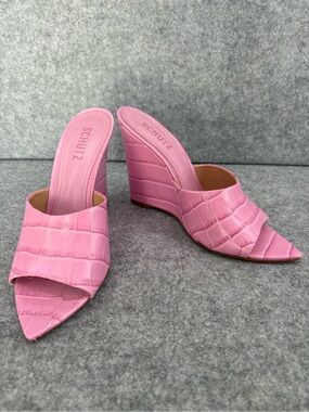 Schutz Lucimara Croc-Embossed Wedge slide sandal Mule in club rose Size 8